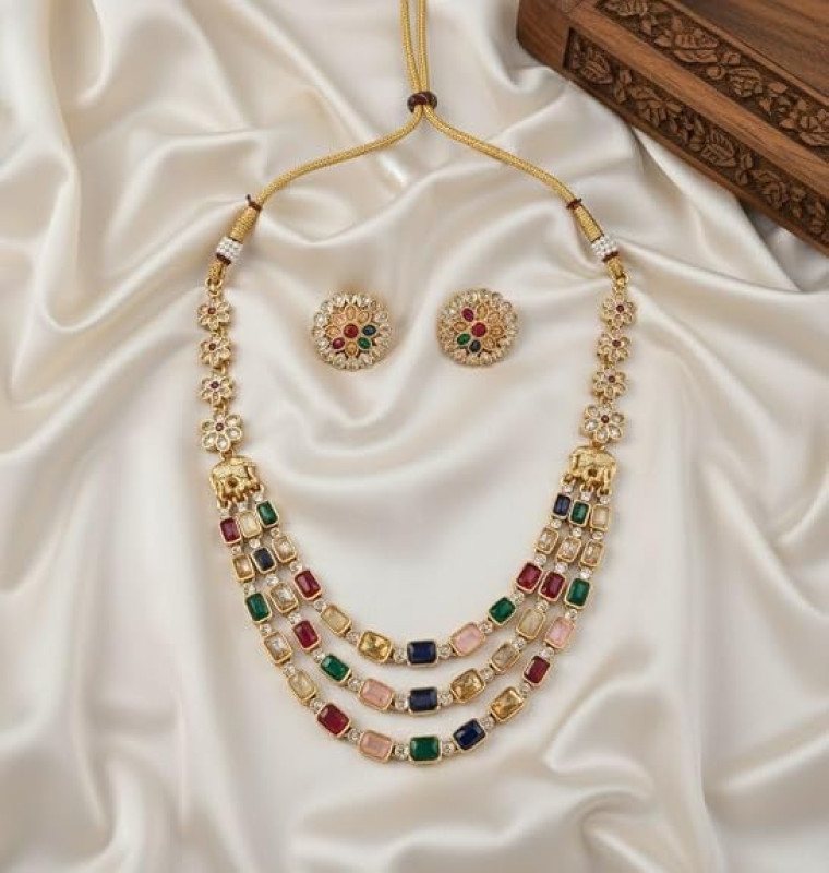 Traditional Gold Plated Multi-Color Stone 3-Layered Long Necklace Jewellery Set