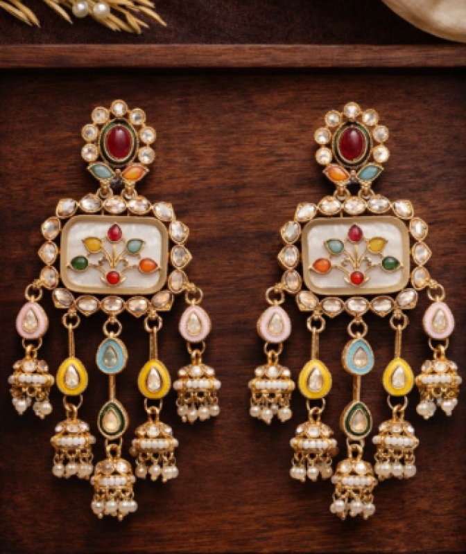 Kundan Studded & Beaded Geometric Shaped Drop Earrings