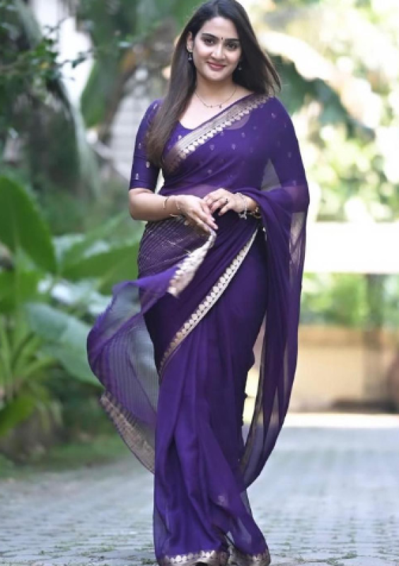 BlueGreenWoven Design Border Pure Chiffon Saree