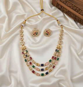 Traditional Gold Plated Multi-Color Stone 3-Layered Long Necklace Jewellery Set