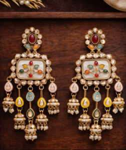 Kundan Studded &amp; Beaded Geometric Shaped Drop Earrings