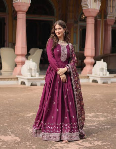 Women's Sequins Party Wear Gown Dupatta Dress Maroon
