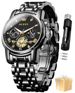 OLEVS Watch for Man Analog Quartz Skeleton Chronograph Diamond Watches Stainless Steel Moon Phase Calendar Waterproof Dress Watches